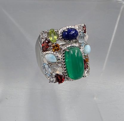 ROSS SIMONS Sterling Silver/Lapis/Moonstone/Peridot/Topaz/Aquamarine/Amber Ring Size 7.25