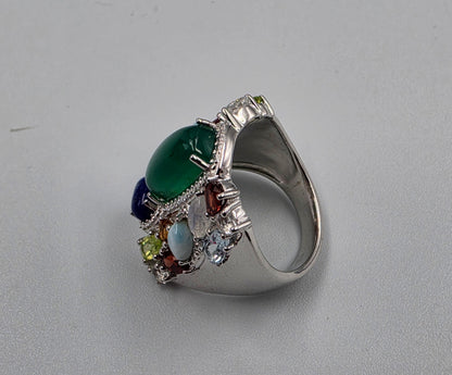 ROSS SIMONS Sterling Silver/Lapis/Moonstone/Peridot/Topaz/Aquamarine/Amber Ring Size 7.25