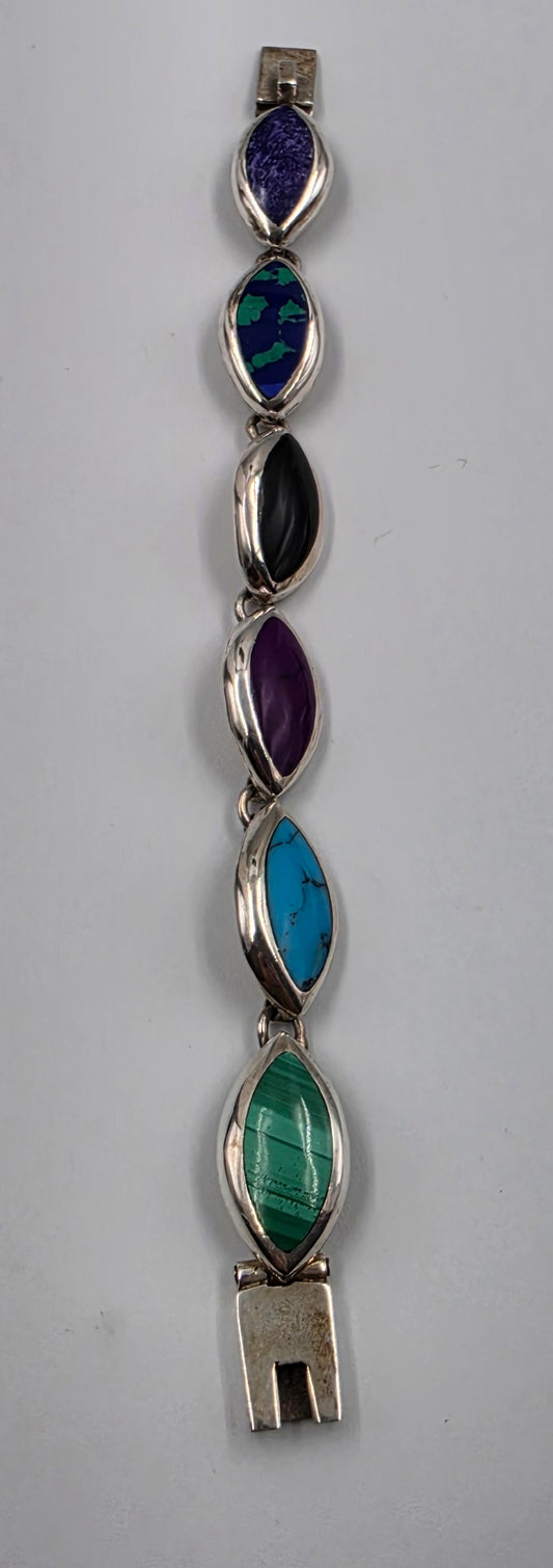 TAXCO MEXICO Sterling Silver/Onyx/Malachite/Turquoise/Sugilite/Azurite Marquis Shape Cabochon 7" Bracelet