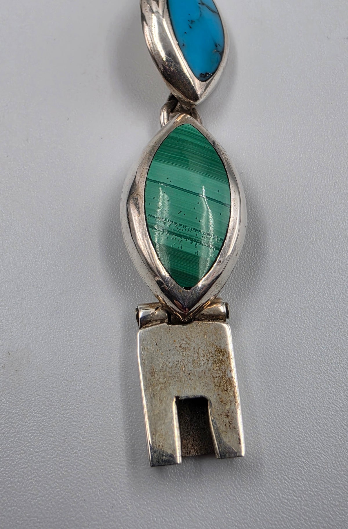 TAXCO MEXICO Sterling Silver/Onyx/Malachite/Turquoise/Sugilite/Azurite Marquis Shape Cabochon 7" Bracelet