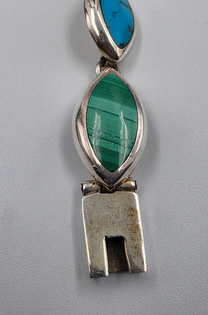 TAXCO MEXICO Sterling Silver/Onyx/Malachite/Turquoise/Sugilite/Azurite Marquis Shape Cabochon 7" Bracelet