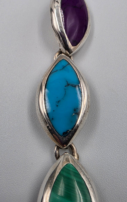TAXCO MEXICO Sterling Silver/Onyx/Malachite/Turquoise/Sugilite/Azurite Marquis Shape Cabochon 7" Bracelet