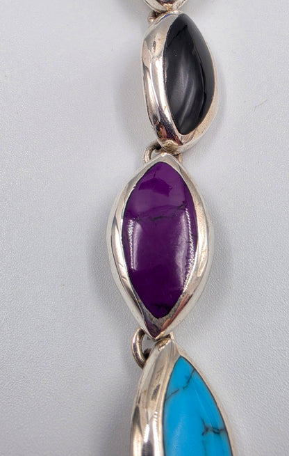 TAXCO MEXICO Sterling Silver/Onyx/Malachite/Turquoise/Sugilite/Azurite Marquis Shape Cabochon 7" Bracelet