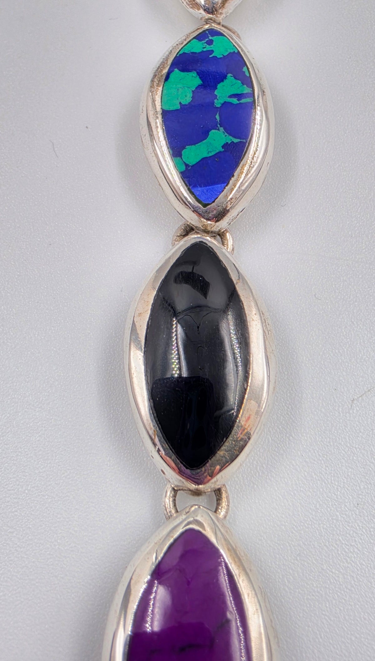 TAXCO MEXICO Sterling Silver/Onyx/Malachite/Turquoise/Sugilite/Azurite Marquis Shape Cabochon 7" Bracelet