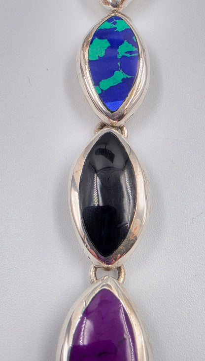 TAXCO MEXICO Sterling Silver/Onyx/Malachite/Turquoise/Sugilite/Azurite Marquis Shape Cabochon 7" Bracelet