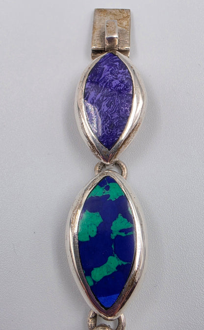 TAXCO MEXICO Sterling Silver/Onyx/Malachite/Turquoise/Sugilite/Azurite Marquis Shape Cabochon 7" Bracelet