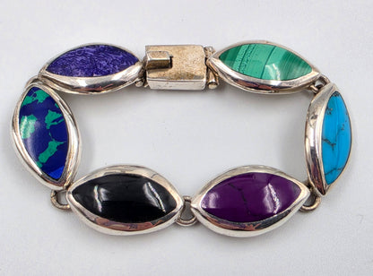 TAXCO MEXICO Sterling Silver/Onyx/Malachite/Turquoise/Sugilite/Azurite Marquis Shape Cabochon 7" Bracelet