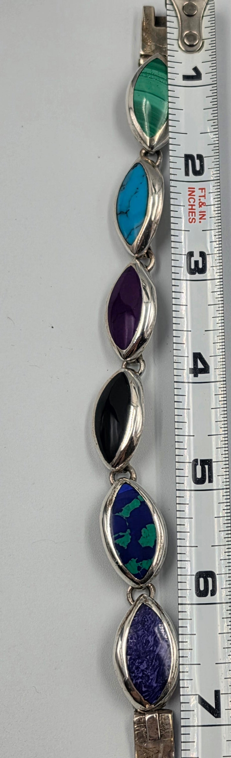 TAXCO MEXICO Sterling Silver/Onyx/Malachite/Turquoise/Sugilite/Azurite Marquis Shape Cabochon 7" Bracelet