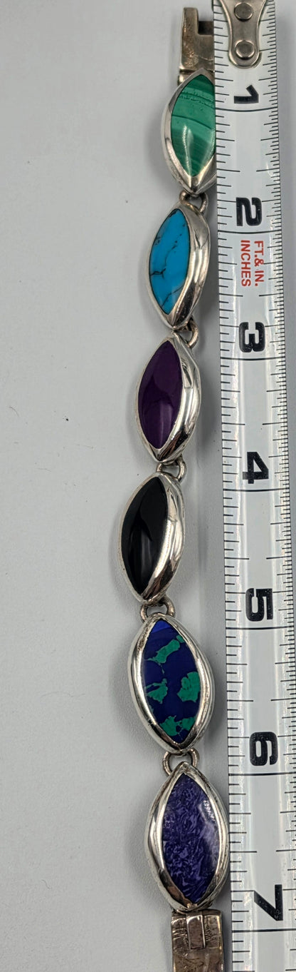 TAXCO MEXICO Sterling Silver/Onyx/Malachite/Turquoise/Sugilite/Azurite Marquis Shape Cabochon 7" Bracelet