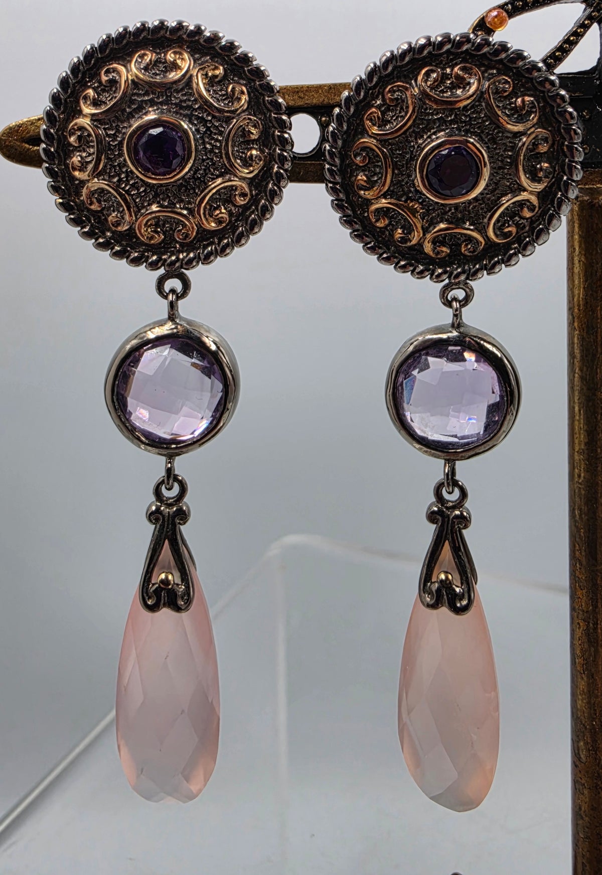 MICHAEL VALITUTTI Rose Quartz/Amethyst/Sterling Silver 2.25" Dangle Earrings