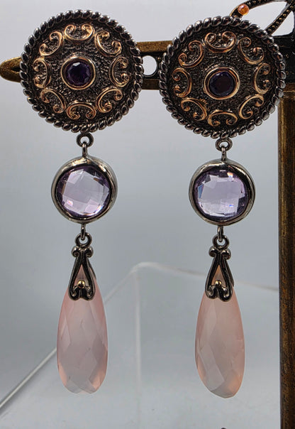 MICHAEL VALITUTTI Rose Quartz/Amethyst/Sterling Silver 2.25" Dangle Earrings