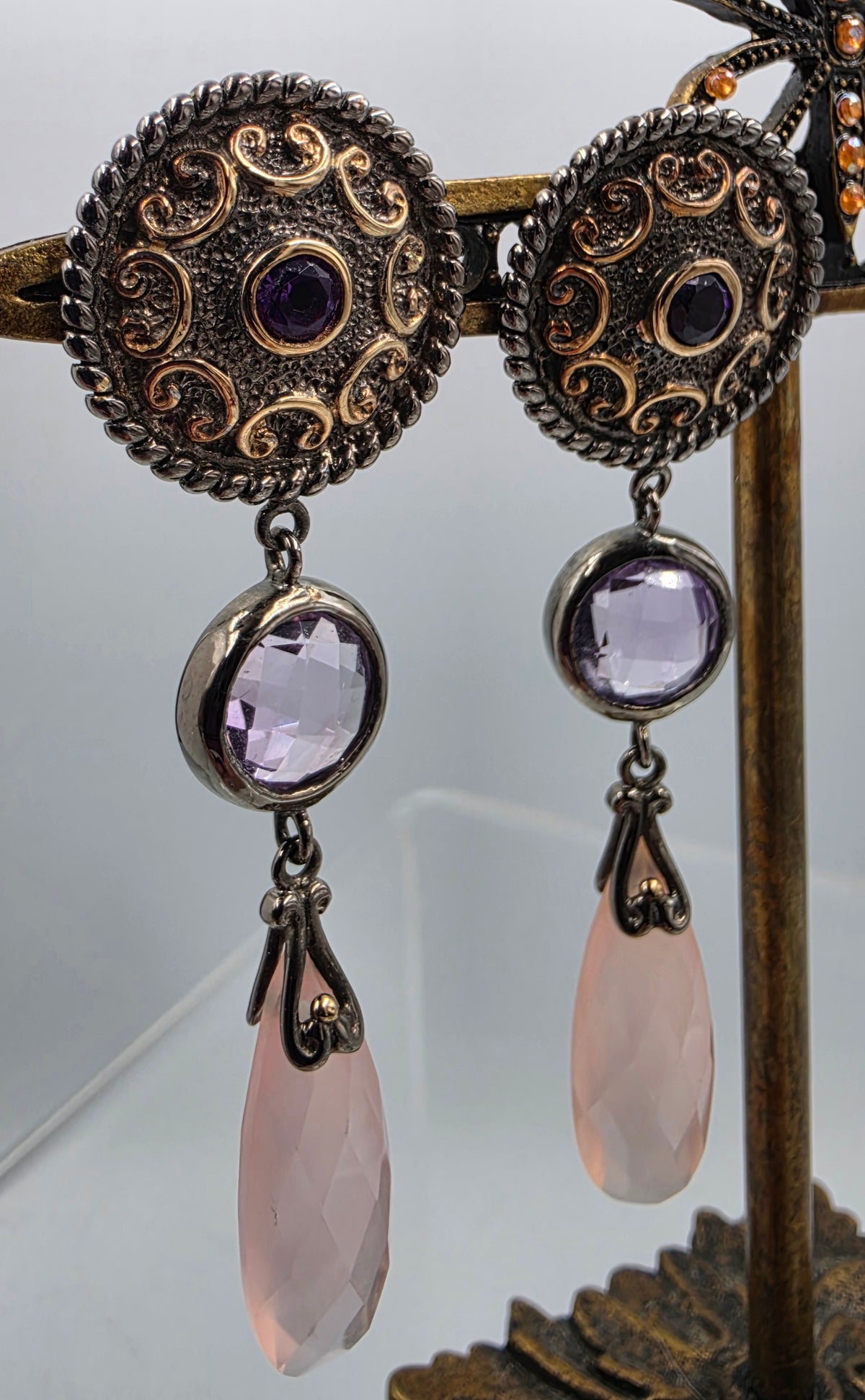 MICHAEL VALITUTTI Rose Quartz/Amethyst/Sterling Silver 2.25" Dangle Earrings