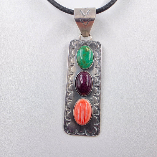 Native American Signed Turquoise/Spiny Oyster/Sterling Silver Pendant