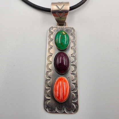Native American Signed Turquoise/Spiny Oyster/Sterling Silver Pendant