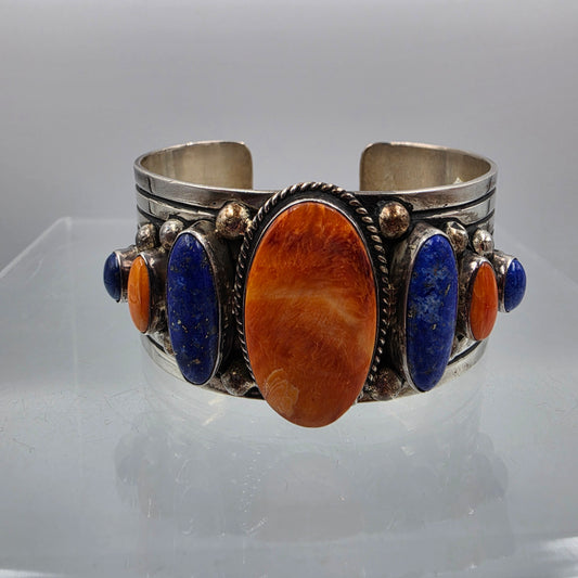 6.75" Southwest Spiny Oyster/Lapis/Sterling Silver Bracelet Signed Gabby