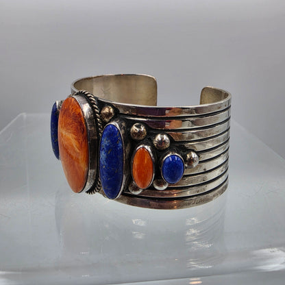 6.75" Southwest Spiny Oyster/Lapis/Sterling Silver Bracelet Signed Gabby