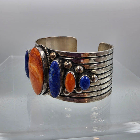 6.75" Southwest Spiny Oyster/Lapis/Sterling Silver Bracelet Signed Gabby