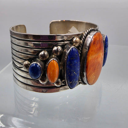 6.75" Southwest Spiny Oyster/Lapis/Sterling Silver Bracelet Signed Gabby