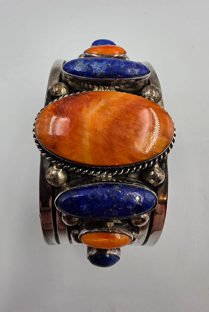 6.75" Southwest Spiny Oyster/Lapis/Sterling Silver Bracelet Signed Gabby