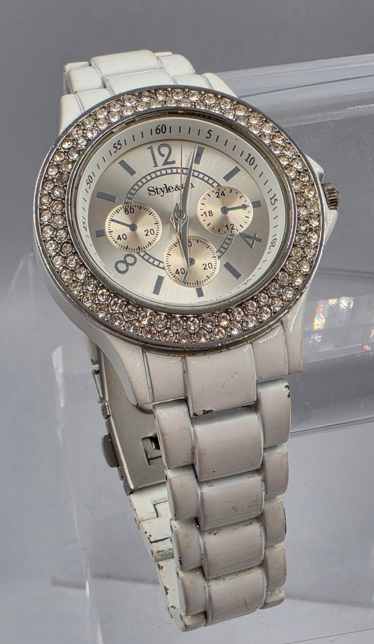 7.25" STYLE & CO. White Stainless Steel/Rhinestone Bezel/Silver Dial Women's Watch