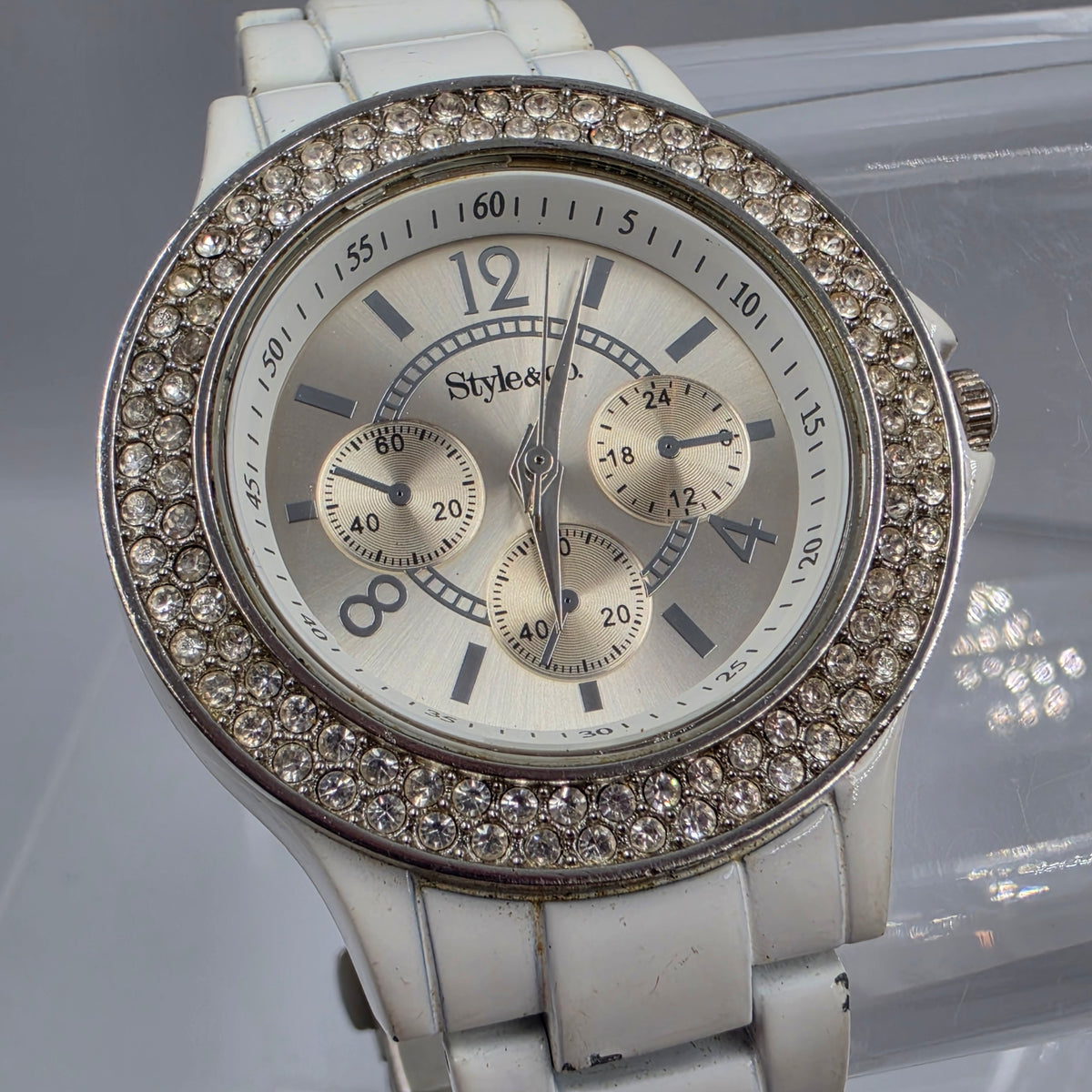 7.25" STYLE & CO. White Stainless Steel/Rhinestone Bezel/Silver Dial Women's Watch