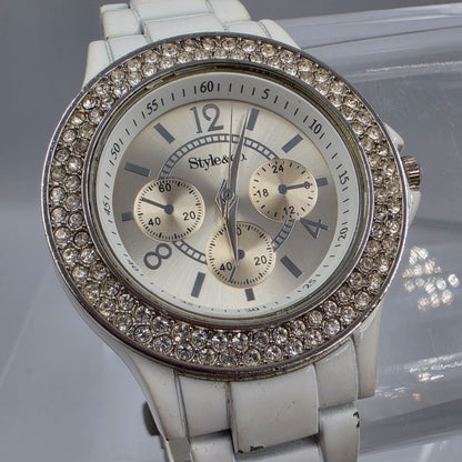 7.25" STYLE & CO. White Stainless Steel/Rhinestone Bezel/Silver Dial Women's Watch