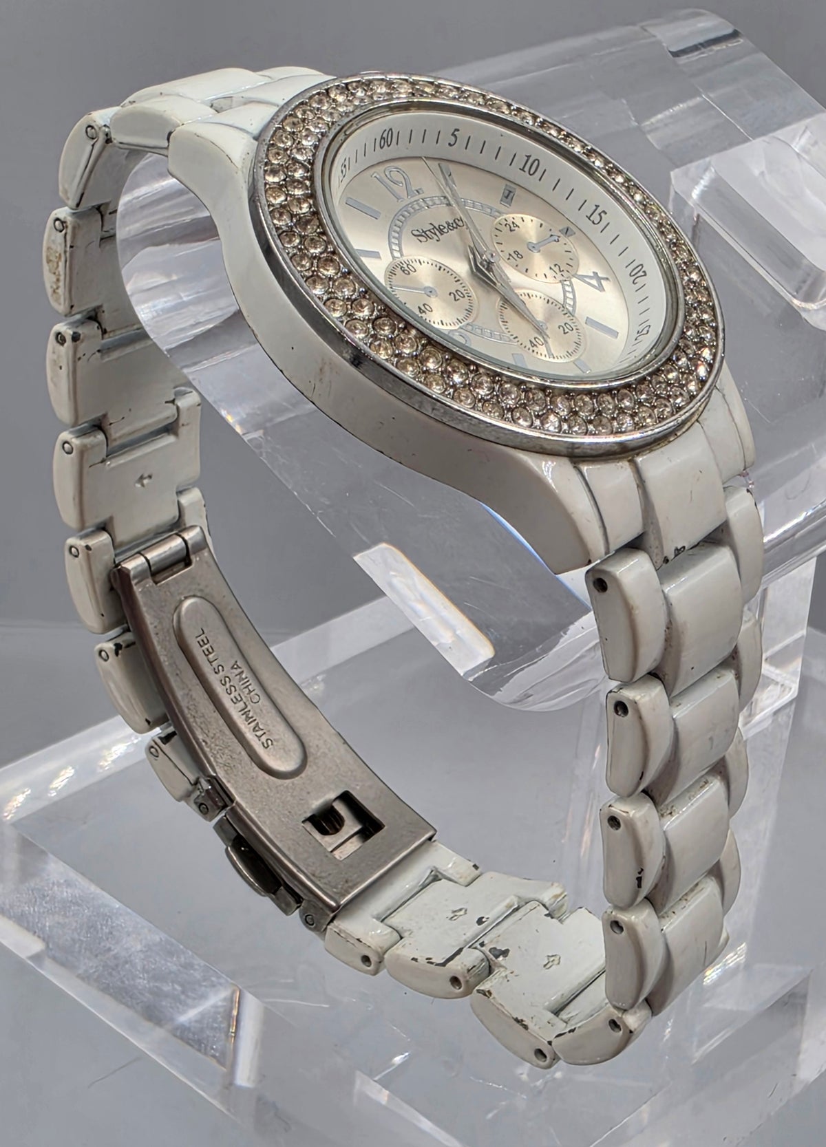 7.25" STYLE & CO. White Stainless Steel/Rhinestone Bezel/Silver Dial Women's Watch