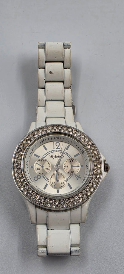 7.25" STYLE & CO. White Stainless Steel/Rhinestone Bezel/Silver Dial Women's Watch
