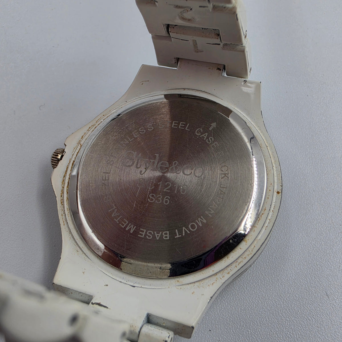 7.25" STYLE & CO. White Stainless Steel/Rhinestone Bezel/Silver Dial Women's Watch