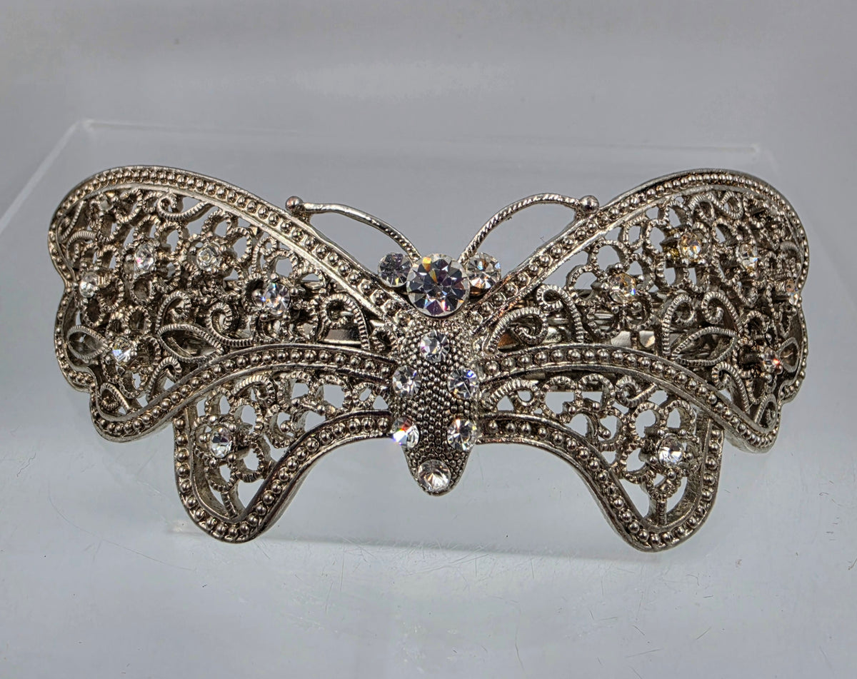 Silver Tone Filagree/Clear Iridescent Rhinestone Vintage Inspired  Butterfly Hair Clip
