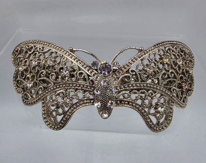 Silver Tone Filagree/Clear Iridescent Rhinestone Vintage Inspired  Butterfly Hair Clip