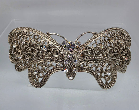 Silver Tone Filagree/Clear Iridescent Rhinestone Vintage Inspired  Butterfly Hair Clip