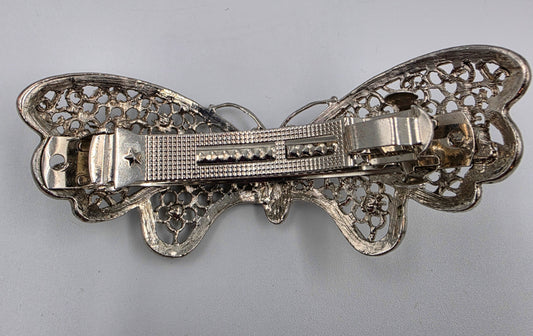 Silver Tone Filagree/Clear Iridescent Rhinestone Vintage Inspired  Butterfly Hair Clip