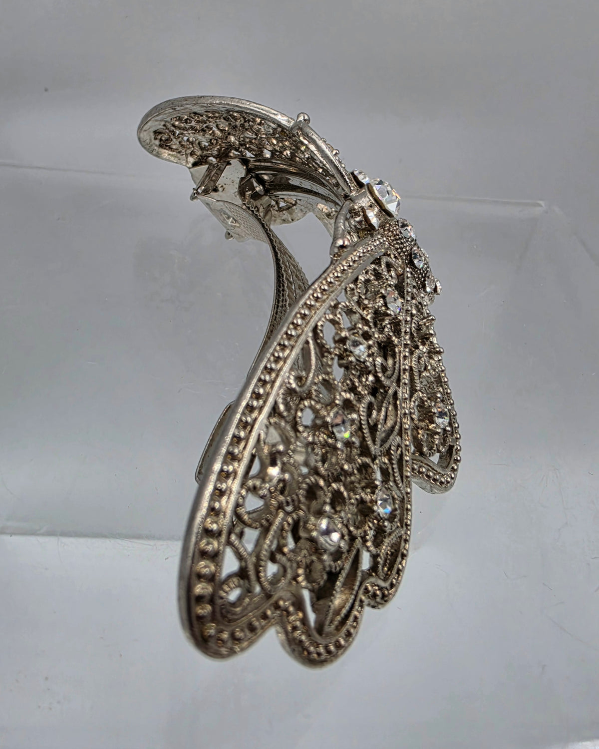 Silver Tone Filagree/Clear Iridescent Rhinestone Vintage Inspired  Butterfly Hair Clip