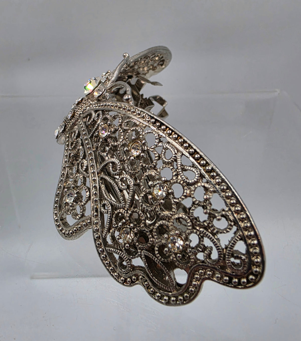 Silver Tone Filagree/Clear Iridescent Rhinestone Vintage Inspired  Butterfly Hair Clip