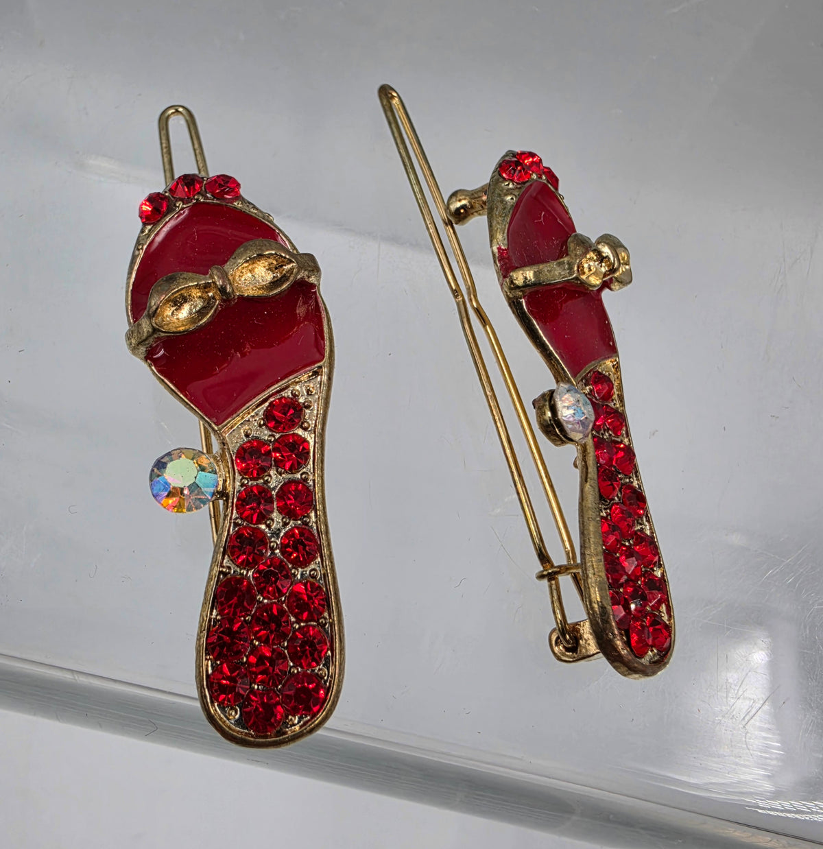 Red Enamel/Clear Iridescent Rhinestone Vintage Shoe Hair Clips