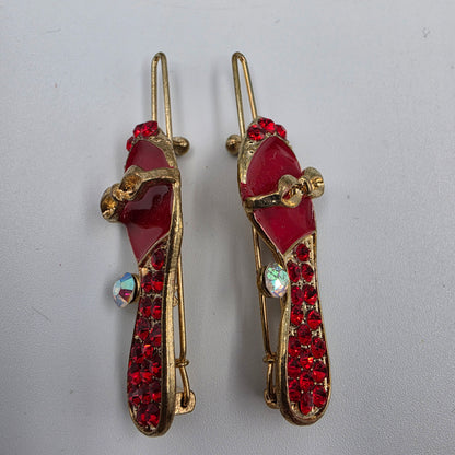 Red Enamel/Clear Iridescent Rhinestone Vintage Shoe Hair Clips