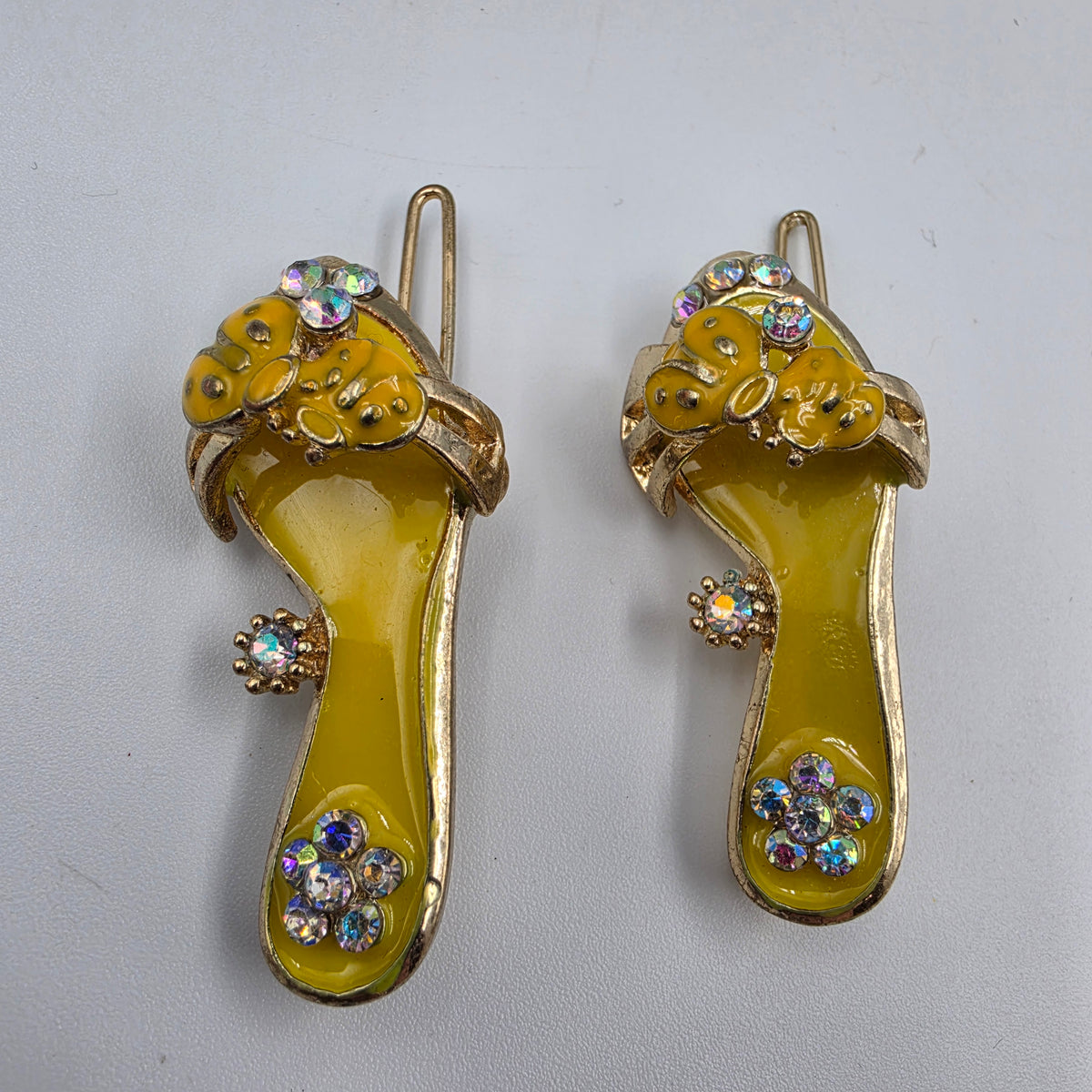1980'S Yellow Enamel/Clear Rhinestone Vintage Shoe Hair Clips