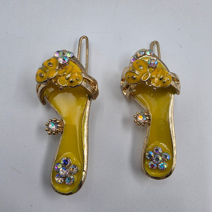1980'S Yellow Enamel/Clear Rhinestone Vintage Shoe Hair Clips