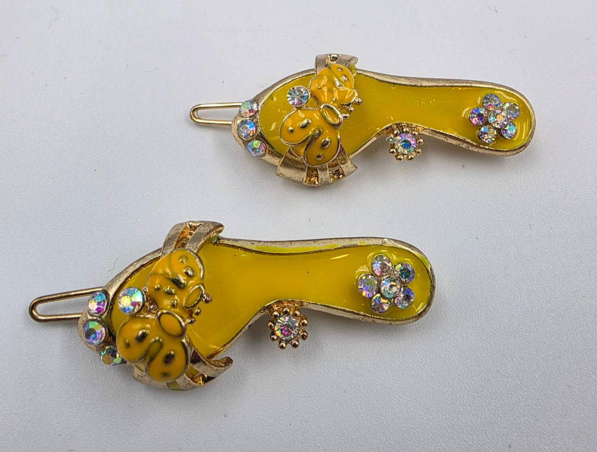 1980'S Yellow Enamel/Clear Rhinestone Vintage Shoe Hair Clips