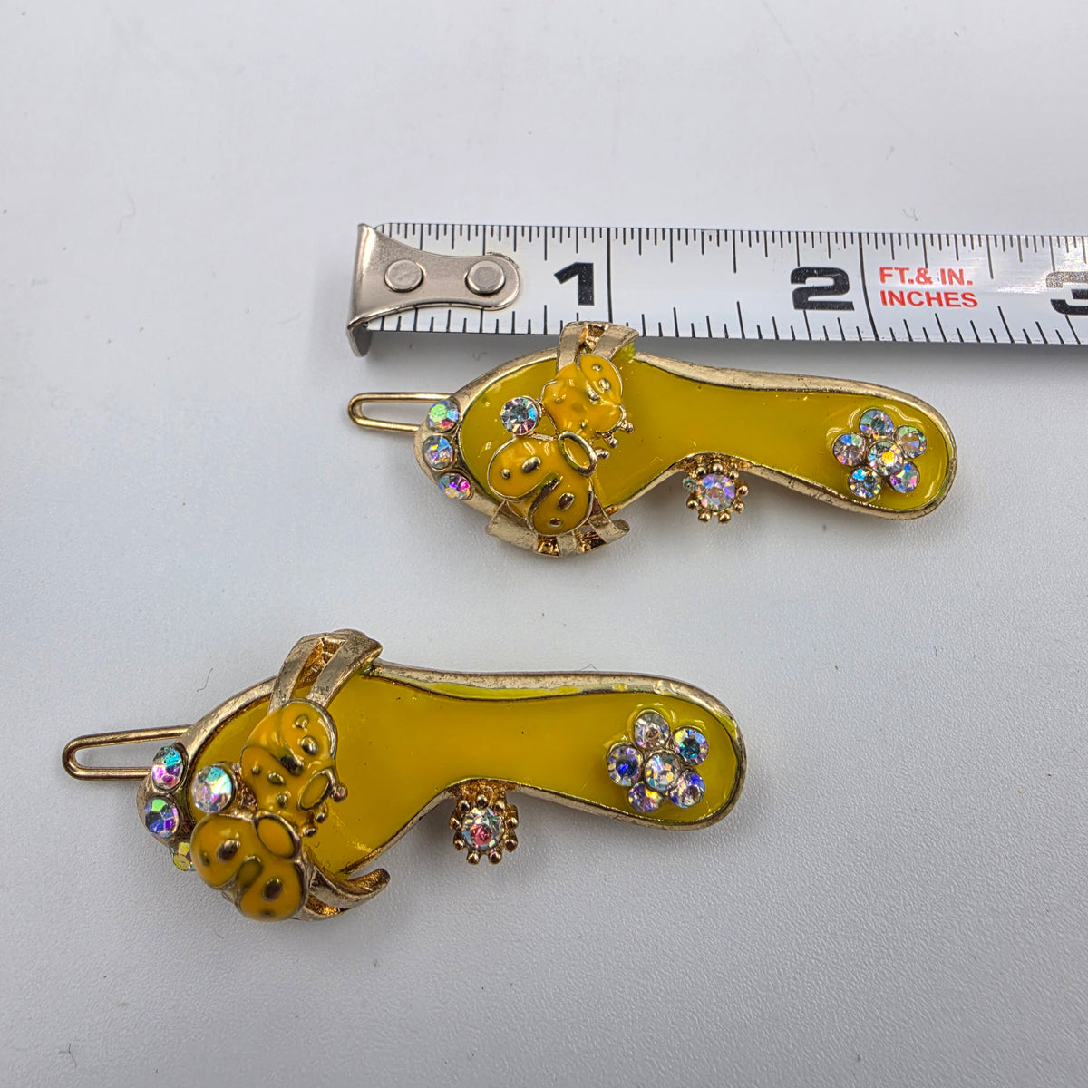 1980'S Yellow Enamel/Clear Rhinestone Vintage Shoe Hair Clips