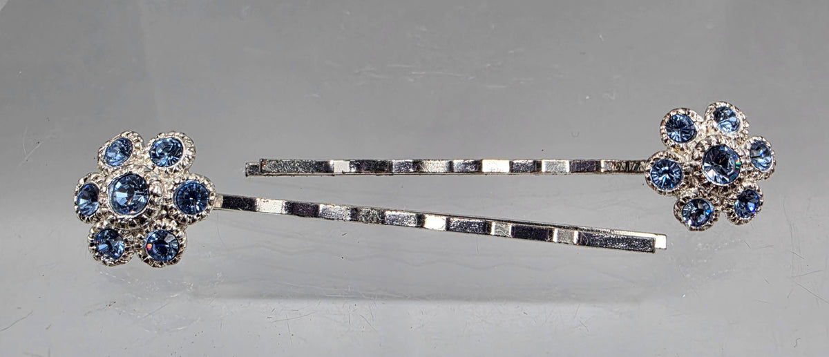 Blue/Clear Rhinestone Floral Vintage Bobby Pins