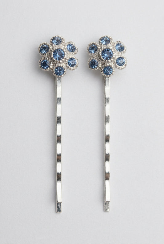 Blue/Clear Rhinestone Floral Vintage Bobby Pins