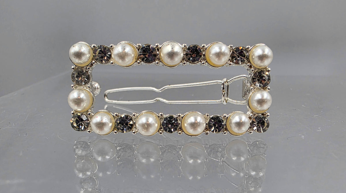 Faux Pearl/Silver Tone/Clear Rhinestone Vintage Rectangular Hair Clip