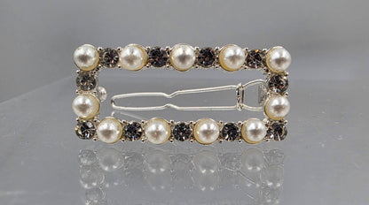 Faux Pearl/Silver Tone/Clear Rhinestone Vintage Rectangular Hair Clip