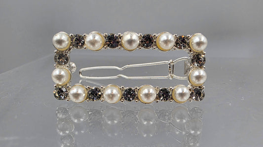 Faux Pearl/Silver Tone/Clear Rhinestone Vintage Rectangular Hair Clip