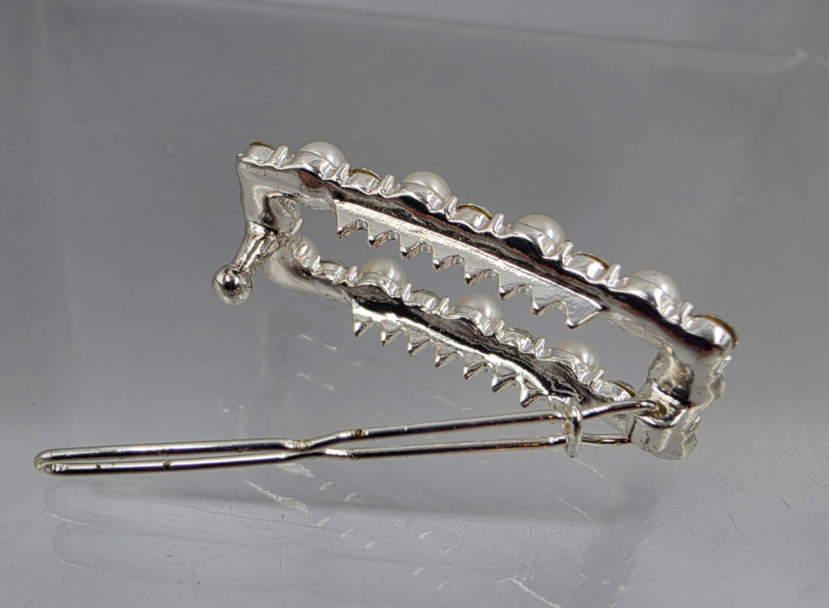 Faux Pearl/Silver Tone/Clear Rhinestone Vintage Rectangular Hair Clip