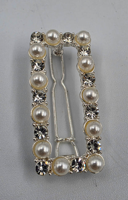 Faux Pearl/Silver Tone/Clear Rhinestone Vintage Rectangular Hair Clip