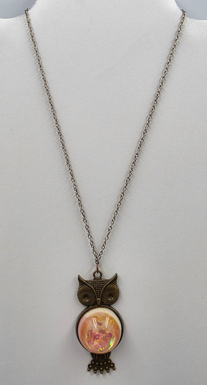 Brass/Bronze Textured Owl With Pink/Yellow/Orange Shimmery Iridescent Cabochon 16"-18" Necklace