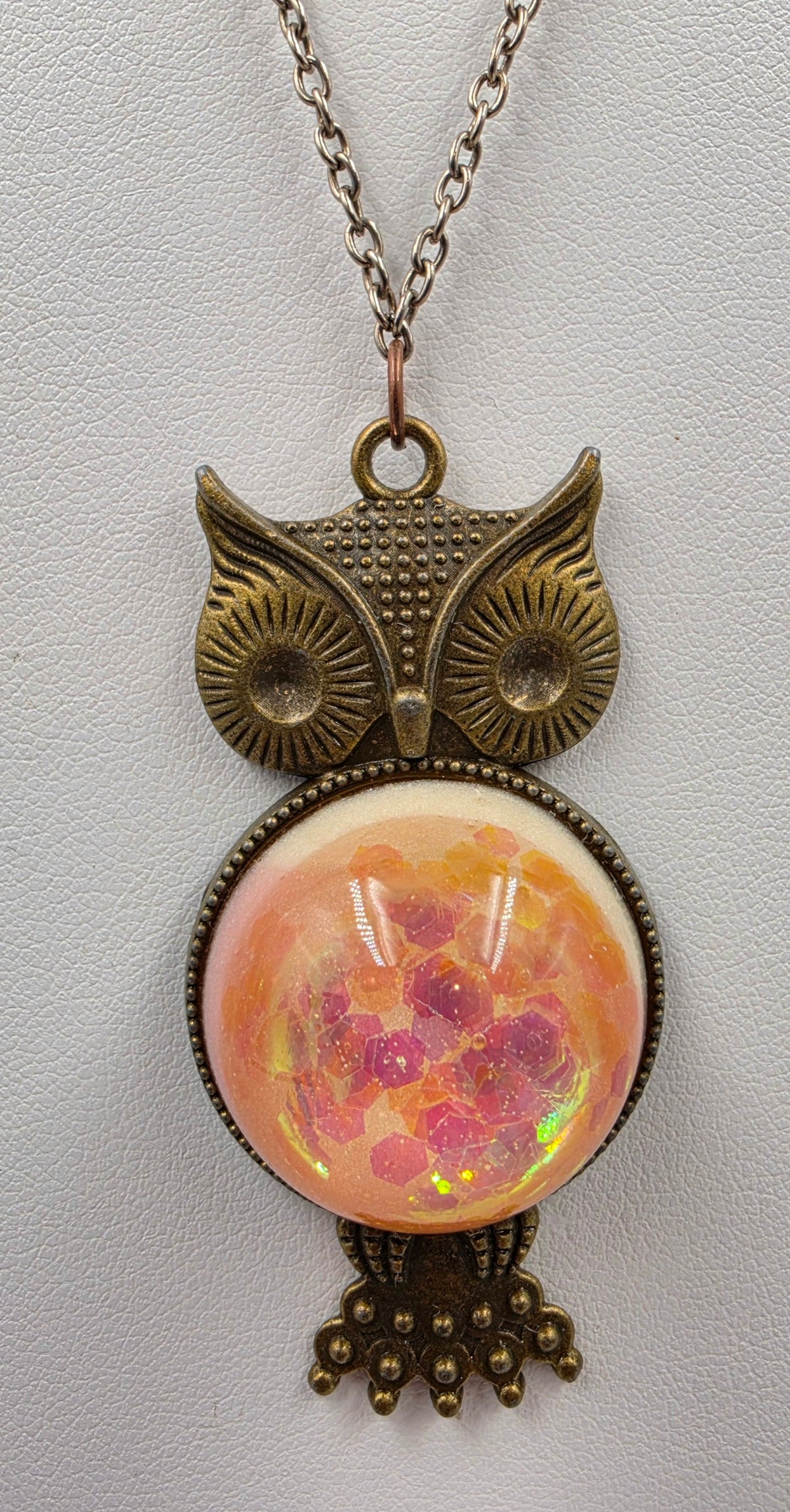 Brass/Bronze Textured Owl With Pink/Yellow/Orange Shimmery Iridescent Cabochon 16"-18" Necklace